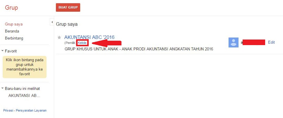 Cara membuat grup milis di Gmail dengan google group 7 "kelola grup" untuk dapat mengubah jenis grup