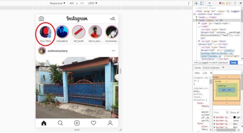 Tampilan Instagram mobile yang berhasil dibuka melalui PC