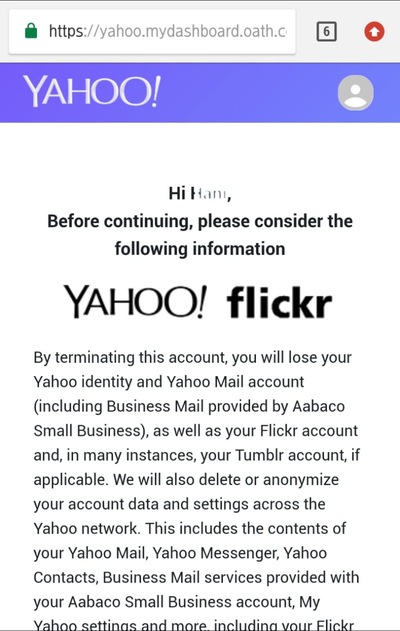 Laman Info penutupan akun Yahoo Mail