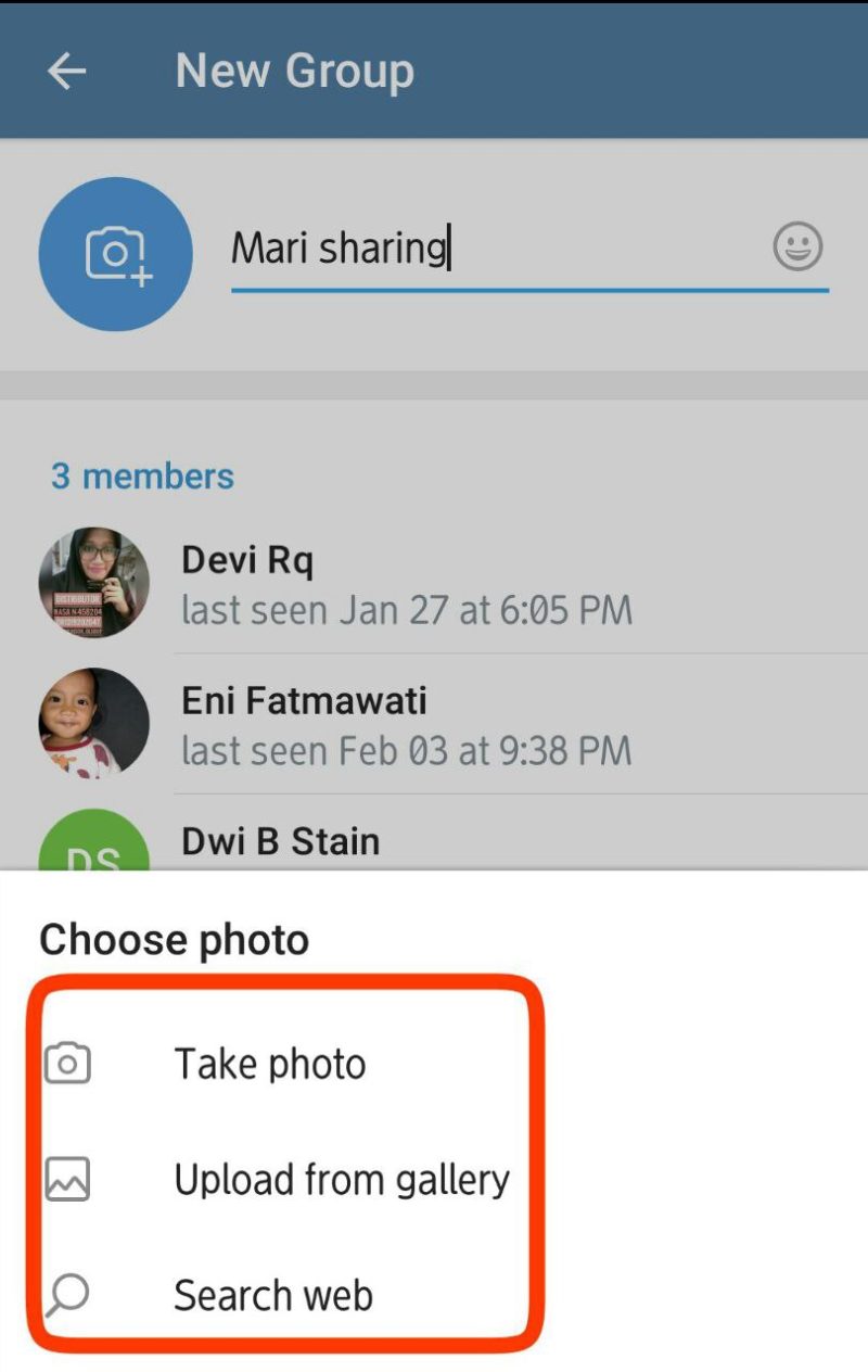 Opsi, take photo, upload from gallery, search web