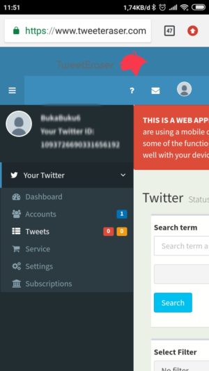 Pilih menu tweets untuk menghapus 