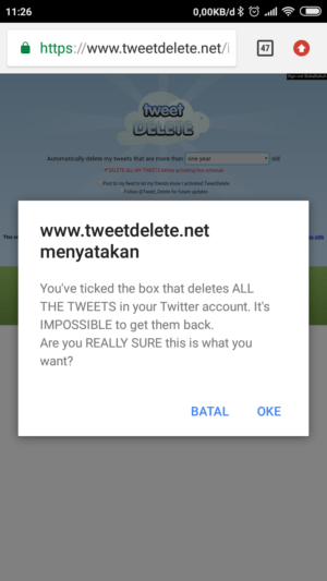 Laman konfirmasi bahwa kamu setuju menghapus tweet