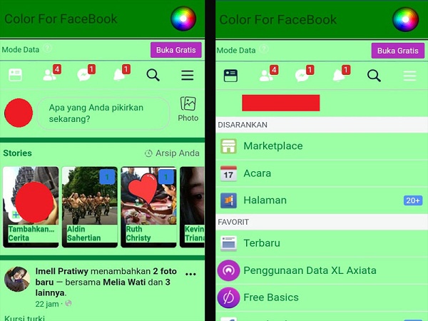 Tampilan Facebook Lite dengan warna tema sesuai pilihan