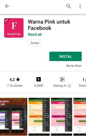 Tampilan aplikasi "Warna pink untuk Facebook" di Play store