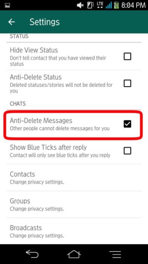 Cara agar chat whatsapp tidak bisa di hapus pengirim 8 Scroll ke atas, lalu tap kotak kecil di samping tulisan Anti-delete Message sampai terceklis