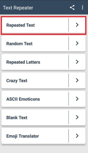 Berbagai menu yang terdapat pada aplikasi Text Repeater
