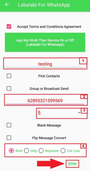 Contoh pengaturan penggunaan aplikasi Labalabi for Whatsapp