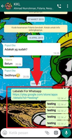 Contoh hasil bom chat grup di Whatsapp