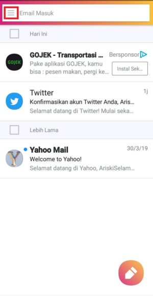 Tampilan aplikasi Yahoo Mail saat sudah login