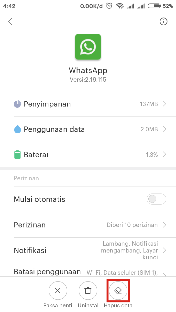 Hapus semua data Whatsapp.