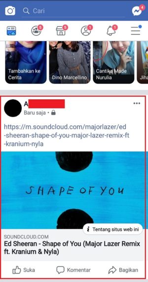 Tampilan saat berhasil membagikan status musik ke Facebook