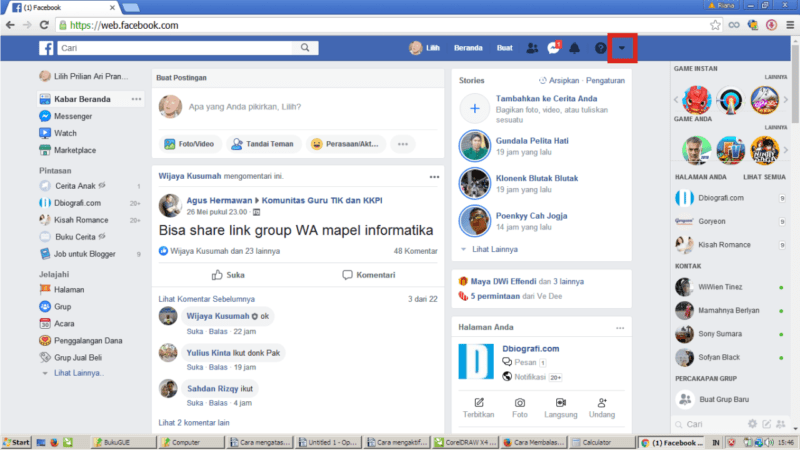 Cara membuat pesan balas otomatis (auto-reply) di Facebook Fanpage 10 Di laman Facebook, klik segitiga kebalik dan cari Halaman/Fanpage.
