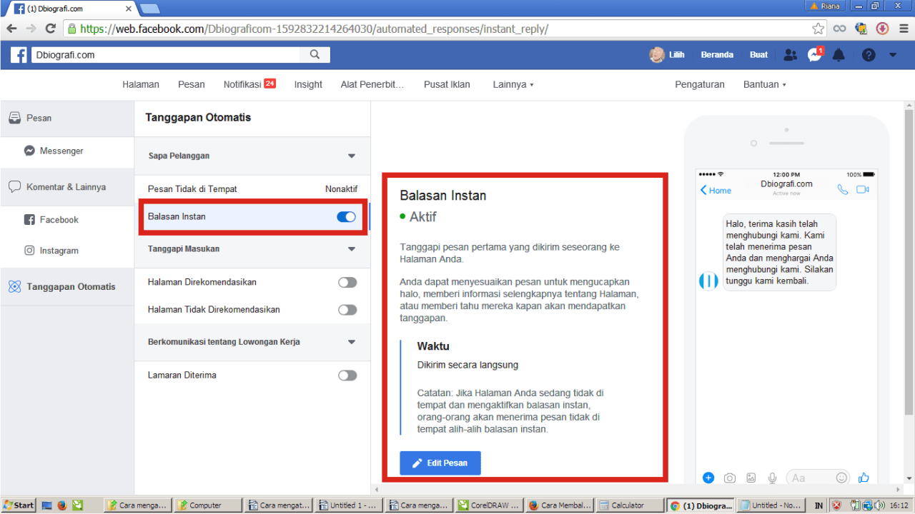 Cara membuat pesan balas otomatis (auto-reply) di Facebook Fanpage 19 Klik menu Balasan Instan.