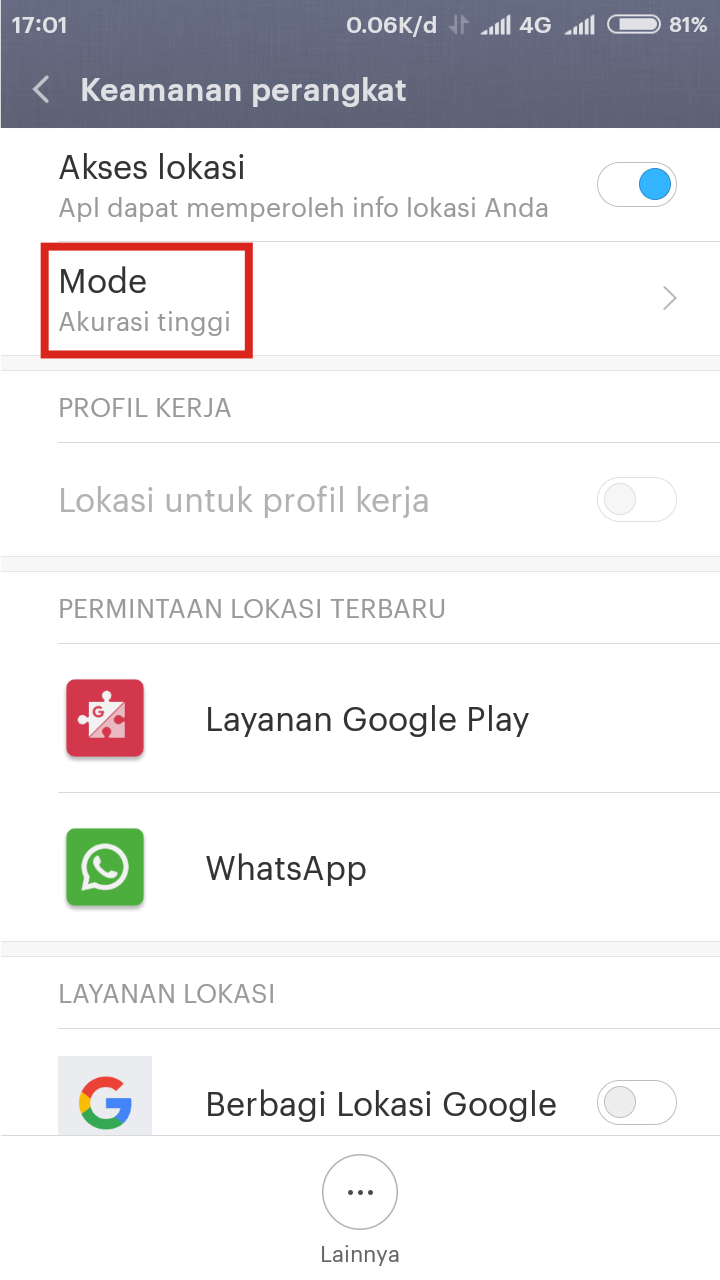 Cara Mengirim Lokasi Palsu di WhatsApp (Bisa Secara Realtime) 6 Cari mode akurasi GPS, lalu klik.