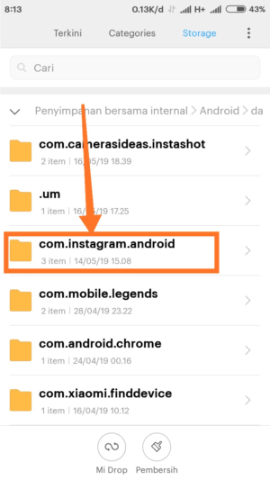 Pilih folder com.instagram.android