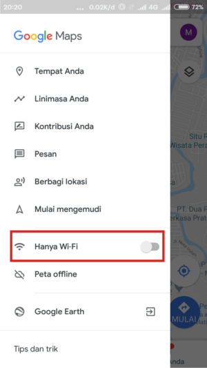 Aktifkan Hanya WiFi untuk memutus jaringan internet HP dan Google Maps.