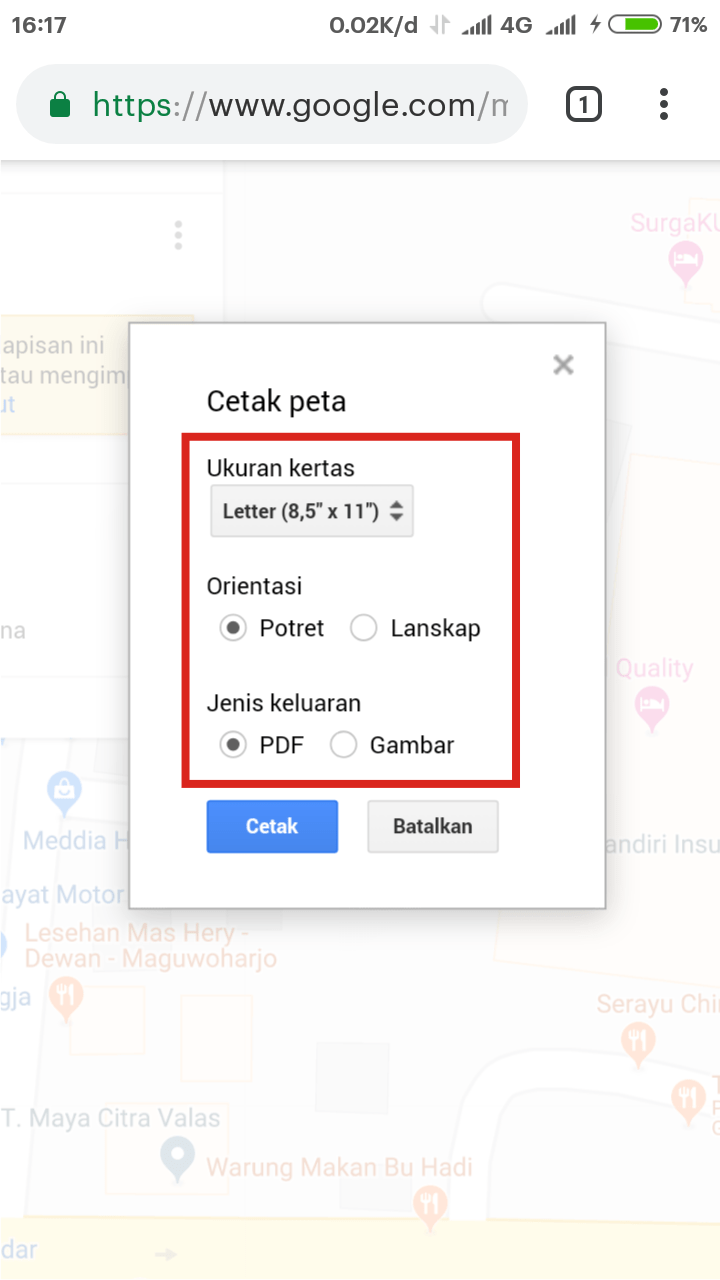 Cara menggunakan Google Maps secara offline 9 Gambar peta Google Maps siap dicetak/disimpan.