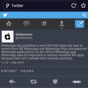 Cuitan WABetaInfo mengenai pelarangan Whatsapp Mod