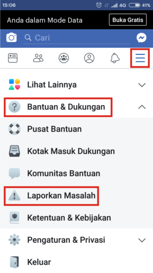 Tidak bisa siaran langsung di facebook? Ini solusinya 7 Gambar 7. Cari laporkan masalah di menu bantuan dan dukungan.