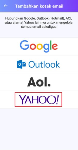 Berbagai layanan email yang dapat digunakan untuk login di aplikasi Yahoo Mail