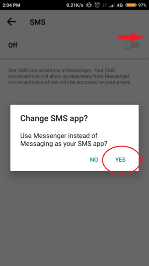 geser slider ke kanan, lalu pada dialog box, untuk mengganti aplikasi SMS tap yes