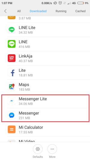 ukuran aplikasi Messenger dan Messenger Lite