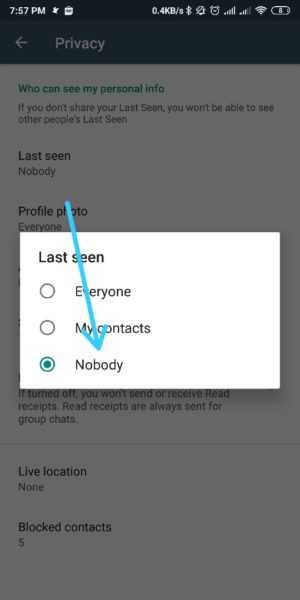 Cara menyembunyikan status online whatsapp agar terlihat offline 6 Pilih Nobody