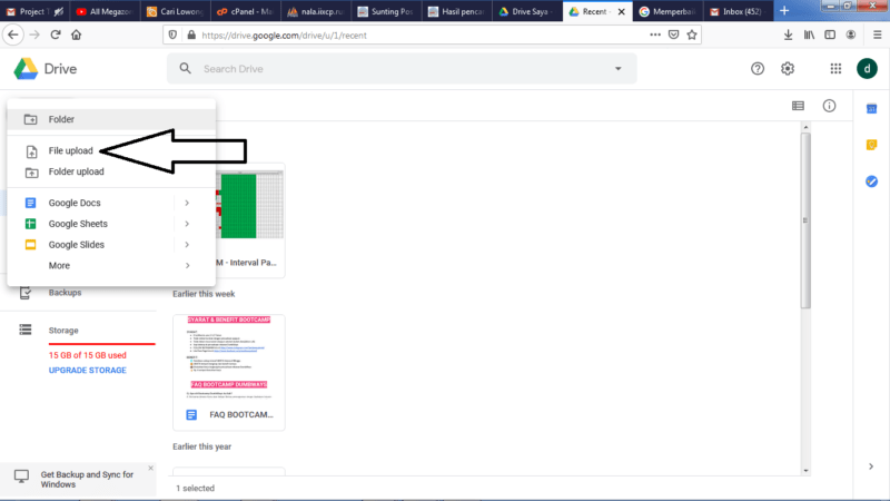 Cara mengirim file besar (diatas 25 MB) lewat Gmail (di HP atau PC) 16 Pilih upload