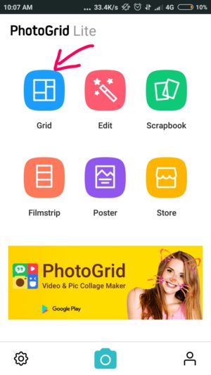 Cara menggabungkan banyak foto (collage) di instagram story 5 buka PhotoGrid dan tap "grid" untuk mengkolase atau menggabungkan foto