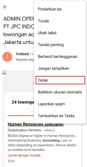 Cara menyimpan pesan email menjadi file pdf 2 Memilih "Cetak" untuk masuk ke pengaturan