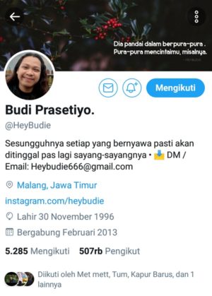 Cara menambah follower twitter kamu dengan "BENAR" 2 Contoh profil akun Twitter yang memiliki followers cukup banyak | Source Image by: https://twitter.com/HeyBudie
