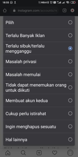 Cara menonaktifkan akun Instagram sementara 4 Pilih Terlalu Sibuk/terlalu mengganggu