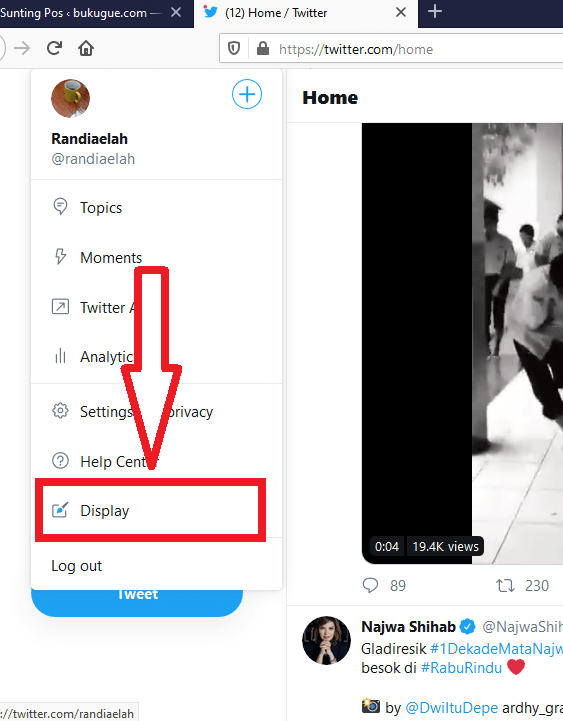Cara mengubah tampilan twitter jadi gelap dengan dark mode 20 klik display