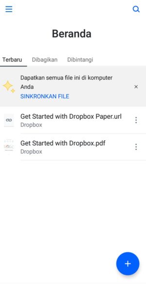 Tampilan aplikasi cloud storage DropBox