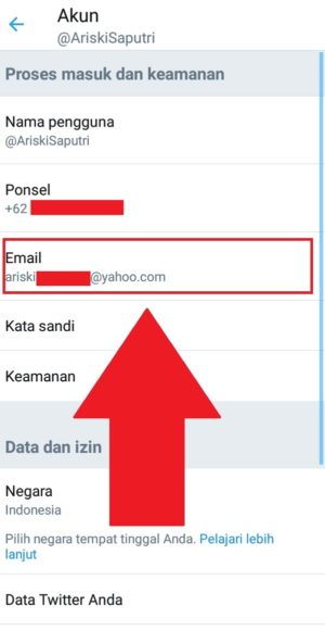 "Email" untuk mengubah alamat email Twitter