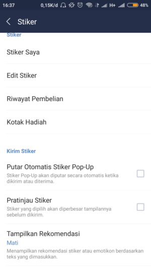pop up dan rekomendasi sticker sudah dimatikan