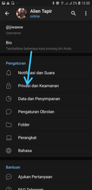 Cara mengunci telegram dengan PIN 3 Pilih Privacy dan Keamanan