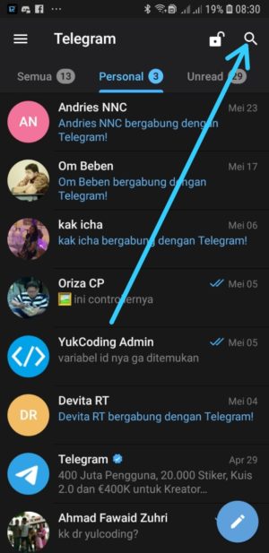 halaman awal aplikasi Telegram