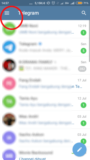 buka menu atau ikon tiga garis pada aplikasi telegram