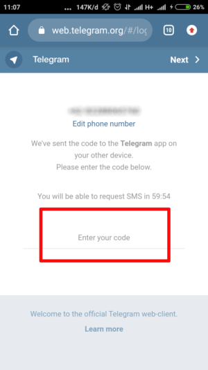 masukkan kode konfirmasi yang dikirim telegram pada aplikasi