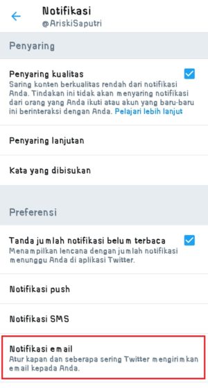 Cara berhenti menerima notifikasi Twitter di email 4 Pilih "Notifikasi Email" untuk masuk ke pengaturan notifikasi email