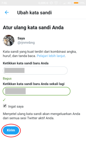 Cara mengatasi lupa password di Twitter 6 isi password baru dan klik "kirim"