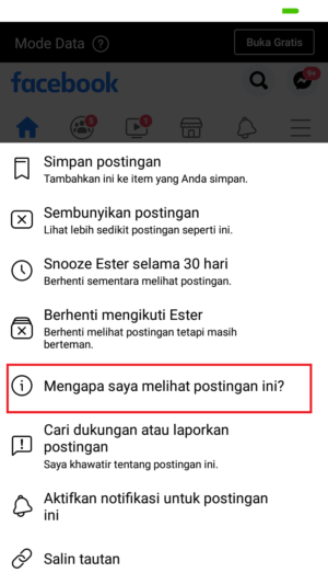 Urutan postingan di beranda Facebook berdasarkan apa ? 1 pilih "mengapa saya melihat postingan ini?"