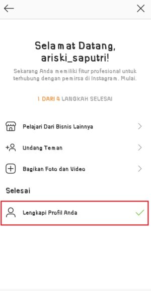 Pilih "Lengkapi profil anda" untuk melengkapi profil Instagram Bisnis