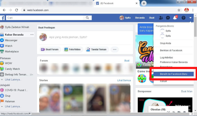 klik "beralih ke facebook baru"