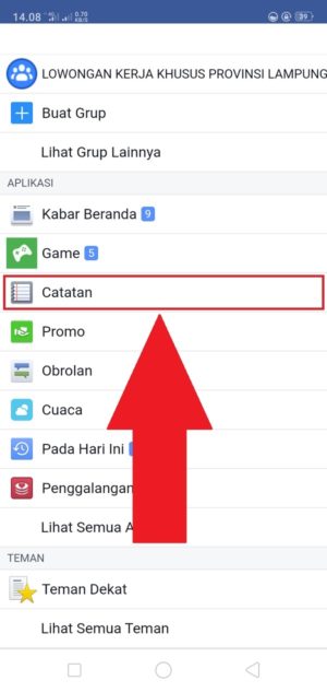 Cari menu "Catatan" untuk mengakses fitur Facebook notes