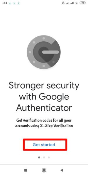 Cara mengaktifkan "Autentikasi Dua Faktor" di Facebook 9 tap "get started" di aplikasi google authenticator