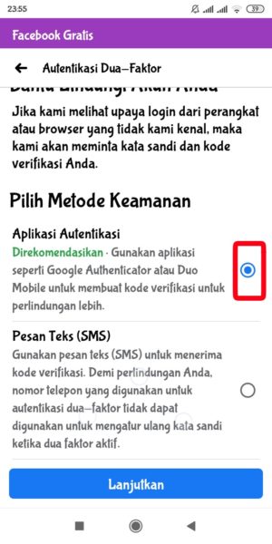 Cara mengaktifkan "Autentikasi Dua Faktor" di Facebook 6 pilih "aplikasi autentikasi"