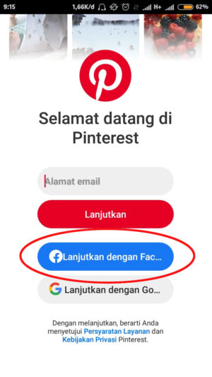 Cara mengatasi lupa password Pinterest 8 tap "lanjutkan dengan Facebook"