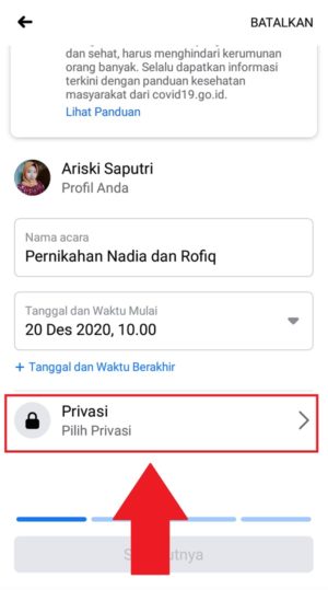 Pilih "Privasi" untuk mengatur privasi acara